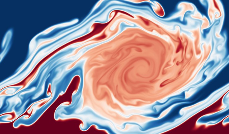 Dye concentration in a Kelvin–Helmholtz billow with a density jump