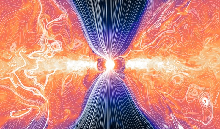 Density and magnetic field lines around an accreting magnetised star