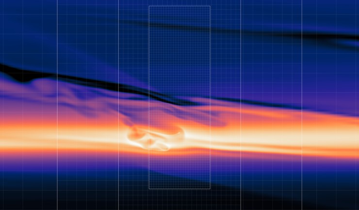 A planet of eight Earth masses crossing a dust ring, with the nested meshes drawn
