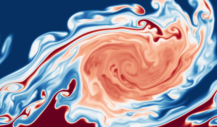 Dye concentration in a viscous Kelvin–Helmholtz billow with a density jump, after it has broken up